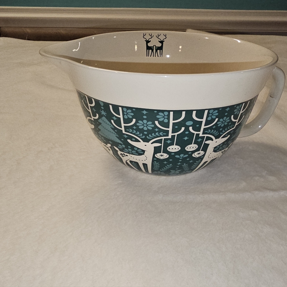The Bake Shop 11" Decrotive Teal and White Reindeer Mixing Bowl